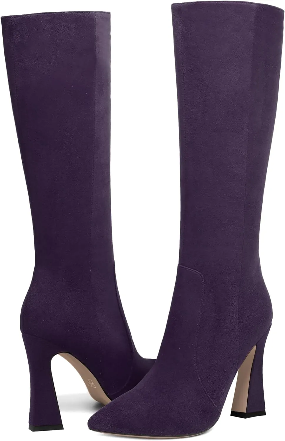 KUOARN Womens Solid Suede Evening Pointed Toe Dress Zip Block High Heel Knee High Boots 4 Inch