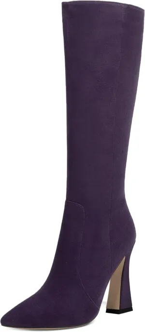 KUOARN Womens Solid Suede Evening Pointed Toe Dress Zip Block High Heel Knee High Boots 4 Inch