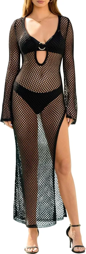 KUTUMAI Women Crochet Swimsuit Cover Up 2025 Summer Bathing Suit Sexy V Neck Slit Maxi Dress Vacation Beach Swimwear Cover Up