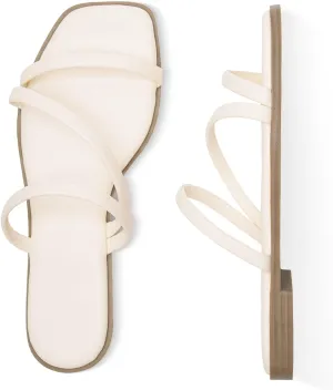 LACUONE Strappy Flat Sandals For Women Slip On Square Open Toe Slides Sandals