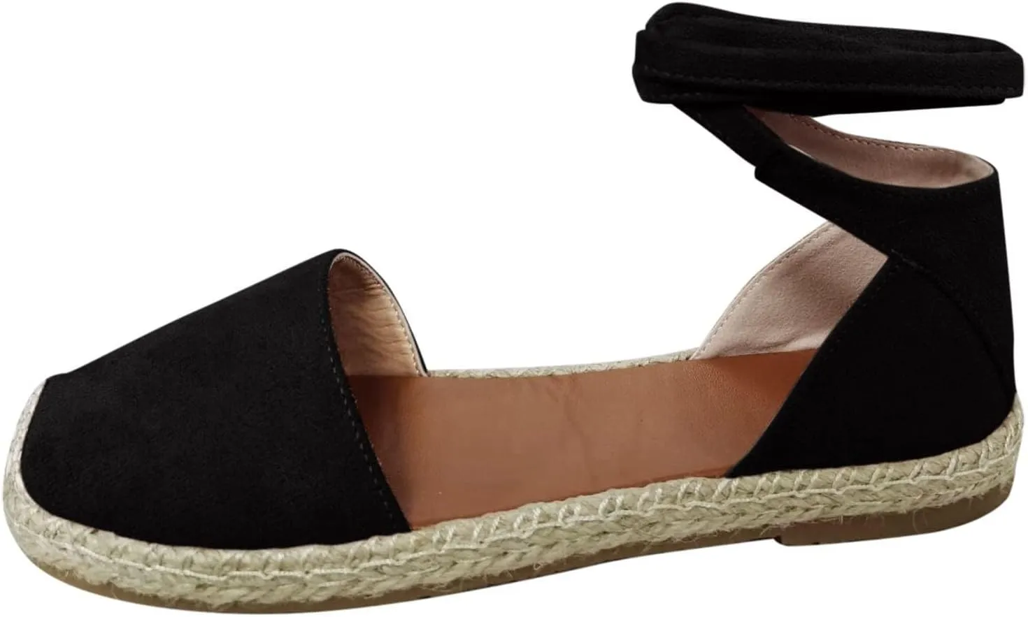 Ladies Flat Sandals Linen Vintage Cover Heel Espadrille Straw Solid Closed Toe Covered Beach Flat Toe Ankle Wrap,Classic Lace Up Summer Falt Strap Retro Black Dressy Shoes