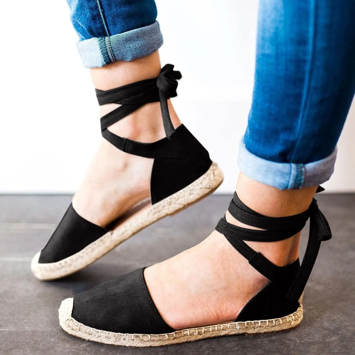 Ladies Flat Sandals Linen Vintage Cover Heel Espadrille Straw Solid Closed Toe Covered Beach Flat Toe Ankle Wrap,Classic Lace Up Summer Falt Strap Retro Black Dressy Shoes