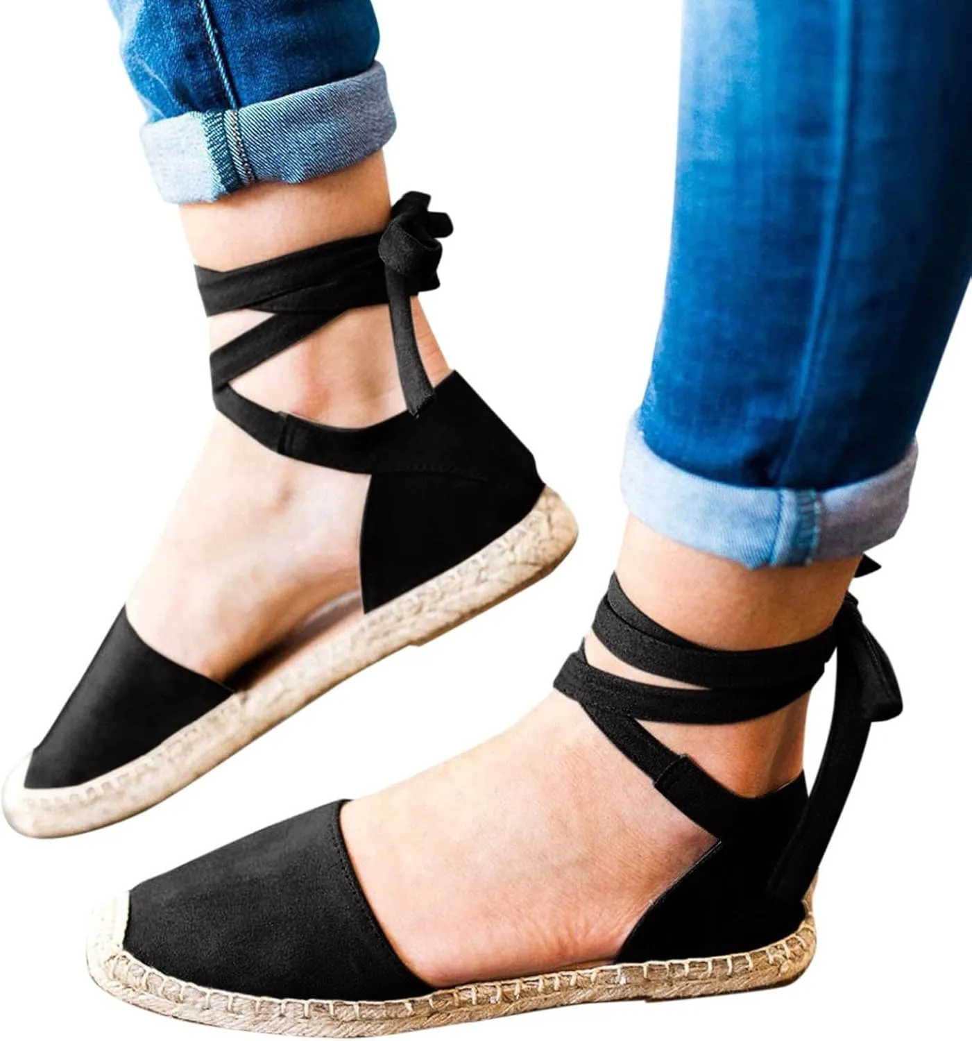Ladies Flat Sandals Linen Vintage Cover Heel Espadrille Straw Solid Closed Toe Covered Beach Flat Toe Ankle Wrap,Classic Lace Up Summer Falt Strap Retro Black Dressy Shoes