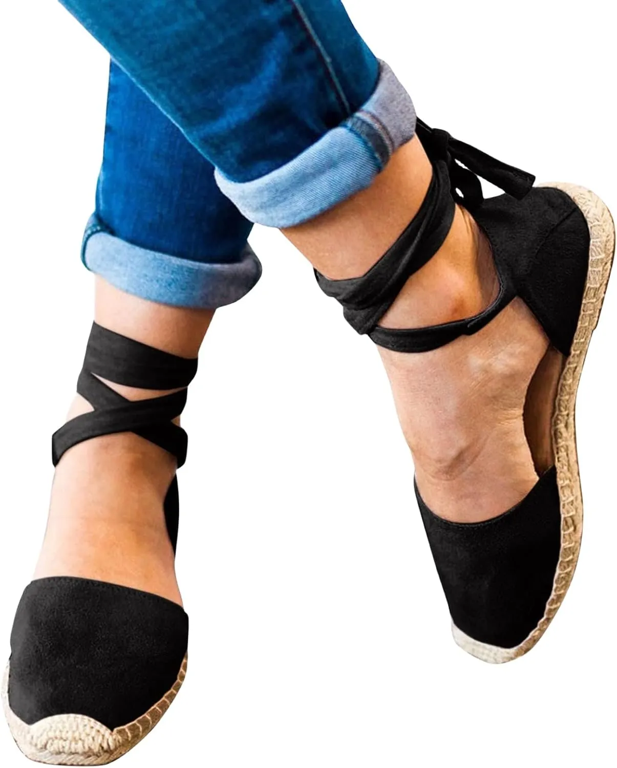 Ladies Flat Sandals Linen Vintage Cover Heel Espadrille Straw Solid Closed Toe Covered Beach Flat Toe Ankle Wrap,Classic Lace Up Summer Falt Strap Retro Black Dressy Shoes