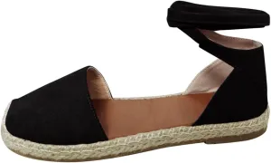 Ladies Flat Sandals Linen Vintage Cover Heel Espadrille Straw Solid Closed Toe Covered Beach Flat Toe Ankle Wrap,Classic Lace Up Summer Falt Strap Retro Black Dressy Shoes