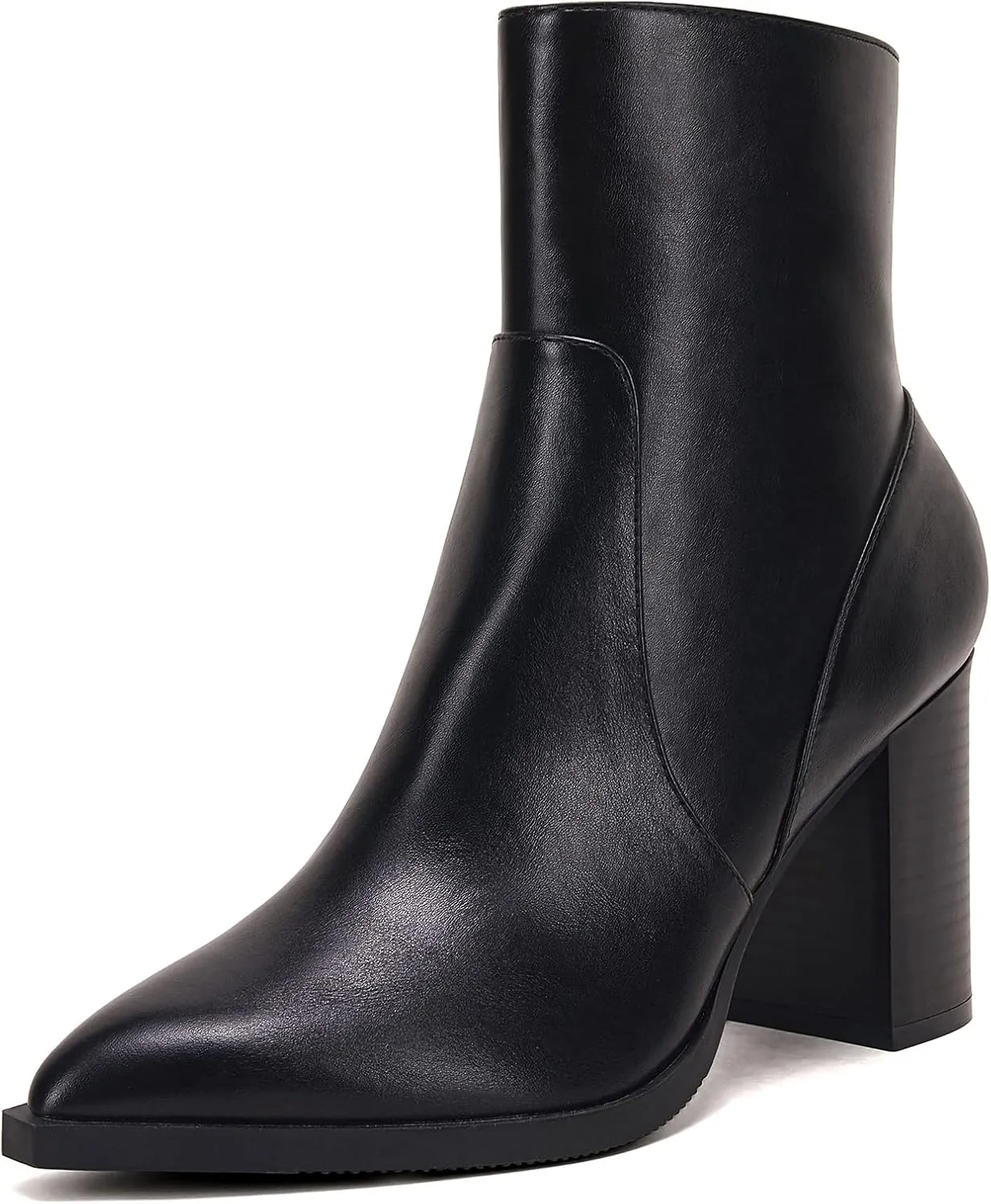 LAICIGO Women's Pointed Toe Ankle Boots Chunky Stacked Heel Side Zipper Faux Leather Ankle Booties