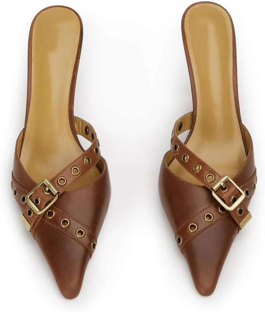 Leather Buckle Strap Kitten Heel Mules Pointed Toe Vintage Heeled Slide Sandals Studs Stiletto Mid Heel Pumps