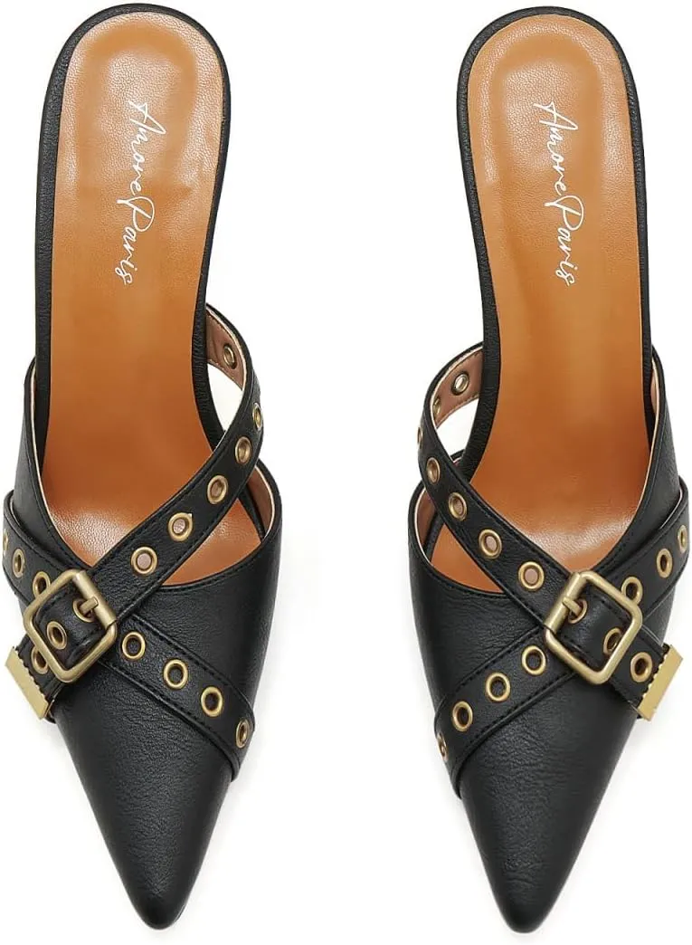 Leather Buckle Strap Kitten Heel Mules Pointed Toe Vintage Heeled Slide Sandals Studs Stiletto Mid Heel Pumps