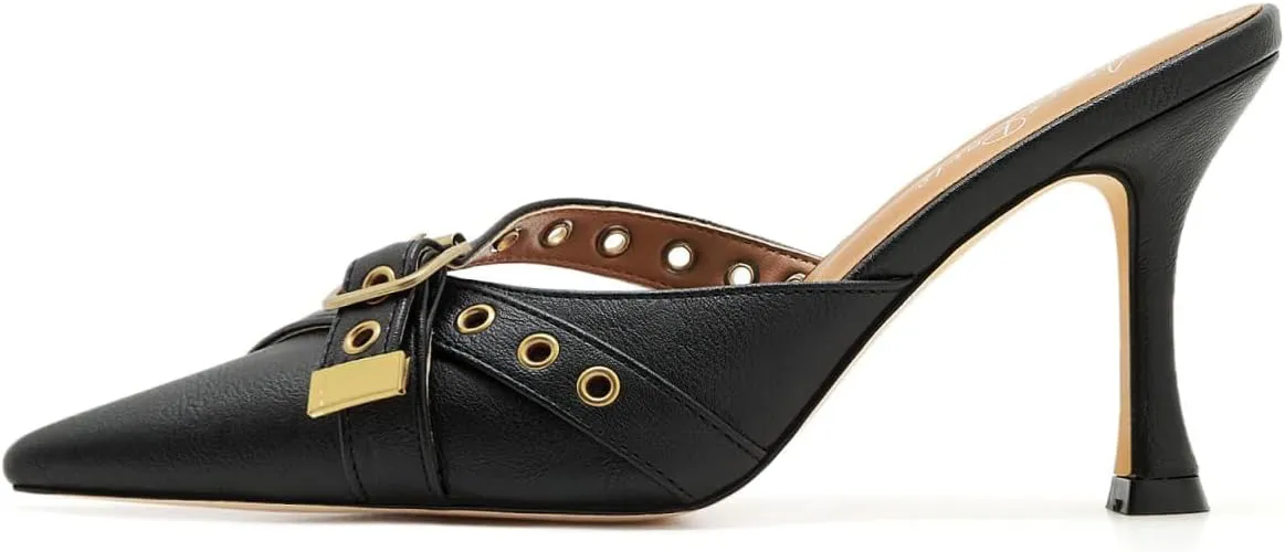 Leather Buckle Strap Kitten Heel Mules Pointed Toe Vintage Heeled Slide Sandals Studs Stiletto Mid Heel Pumps