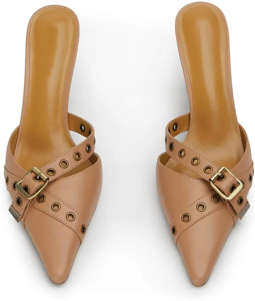 Leather Buckle Strap Kitten Heel Mules Pointed Toe Vintage Heeled Slide Sandals Studs Stiletto Mid Heel Pumps