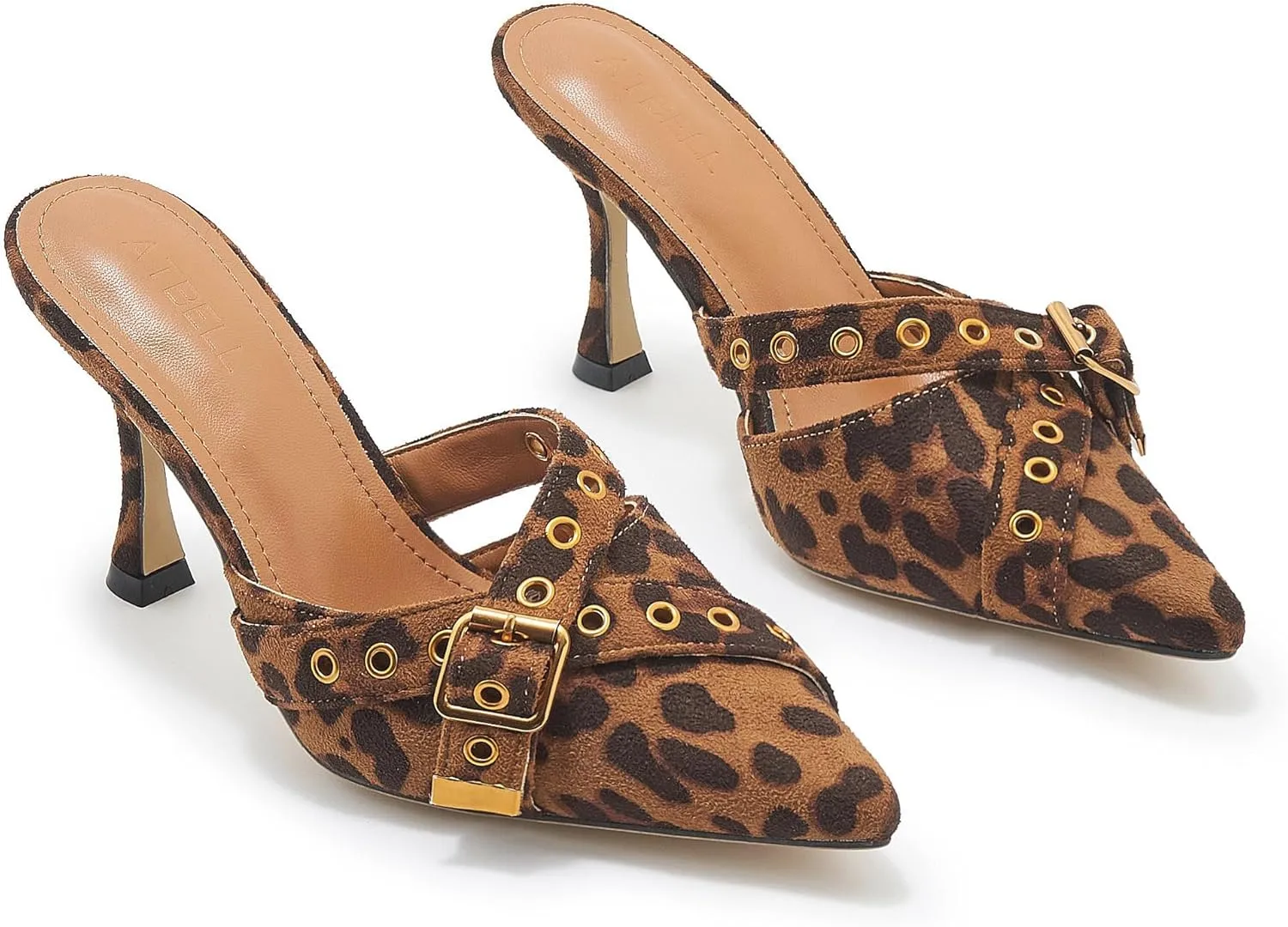 Leather Buckle Strap Kitten Heel Mules Pointed Toe Vintage Heeled Slide Sandals Studs Stiletto Mid Heel Pumps