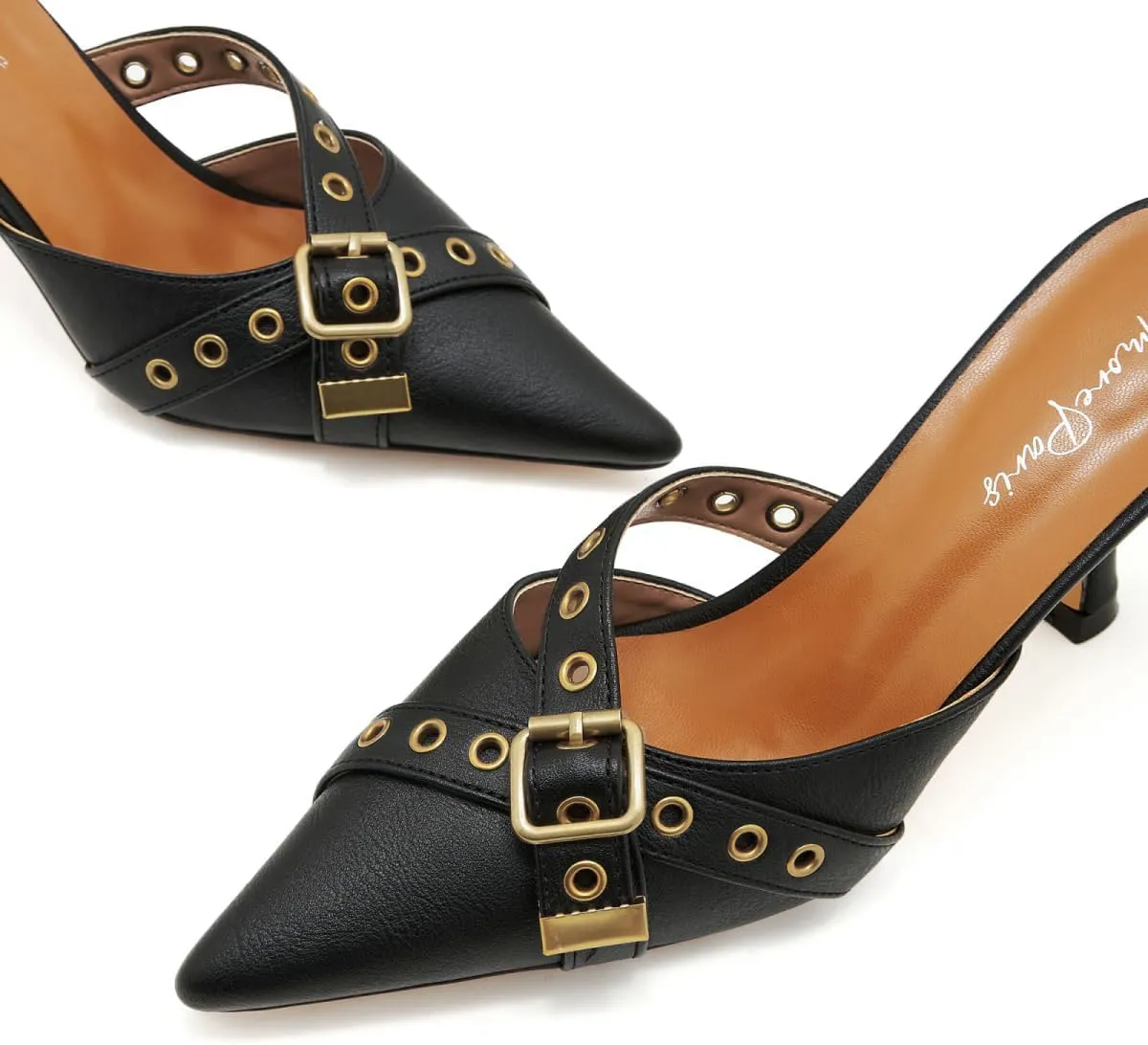 Leather Buckle Strap Kitten Heel Mules Pointed Toe Vintage Heeled Slide Sandals Studs Stiletto Mid Heel Pumps