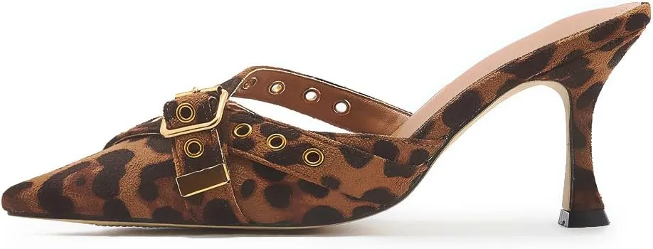Leather Buckle Strap Kitten Heel Mules Pointed Toe Vintage Heeled Slide Sandals Studs Stiletto Mid Heel Pumps