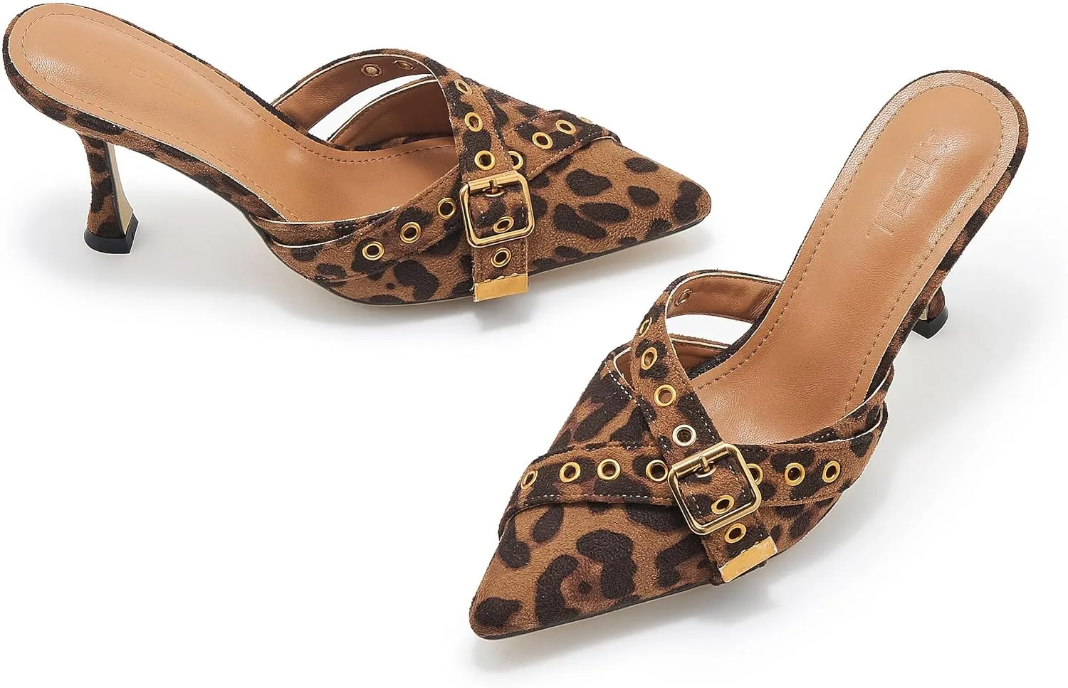 Leather Buckle Strap Kitten Heel Mules Pointed Toe Vintage Heeled Slide Sandals Studs Stiletto Mid Heel Pumps