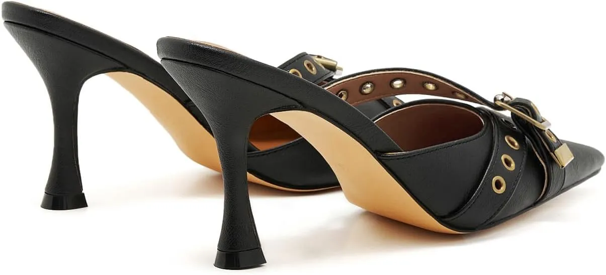 Leather Buckle Strap Kitten Heel Mules Pointed Toe Vintage Heeled Slide Sandals Studs Stiletto Mid Heel Pumps