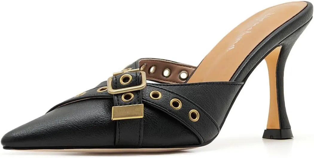 Leather Buckle Strap Kitten Heel Mules Pointed Toe Vintage Heeled Slide Sandals Studs Stiletto Mid Heel Pumps