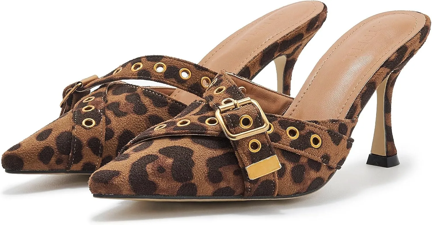 Leather Buckle Strap Kitten Heel Mules Pointed Toe Vintage Heeled Slide Sandals Studs Stiletto Mid Heel Pumps