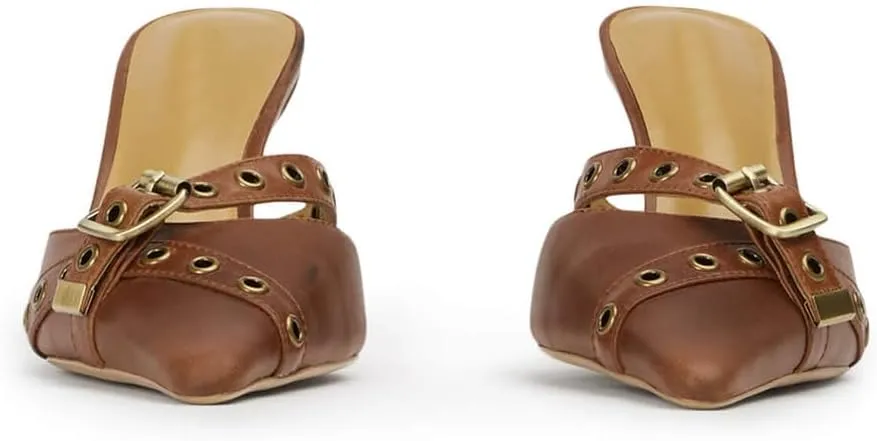 Leather Buckle Strap Kitten Heel Mules Pointed Toe Vintage Heeled Slide Sandals Studs Stiletto Mid Heel Pumps