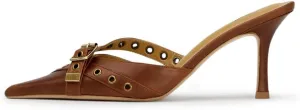 Leather Buckle Strap Kitten Heel Mules Pointed Toe Vintage Heeled Slide Sandals Studs Stiletto Mid Heel Pumps