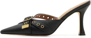 Leather Buckle Strap Kitten Heel Mules Pointed Toe Vintage Heeled Slide Sandals Studs Stiletto Mid Heel Pumps