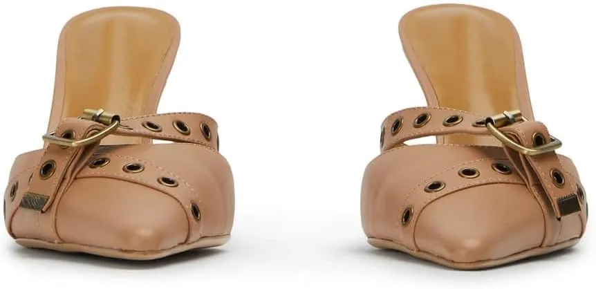 Leather Buckle Strap Kitten Heel Mules Pointed Toe Vintage Heeled Slide Sandals Studs Stiletto Mid Heel Pumps