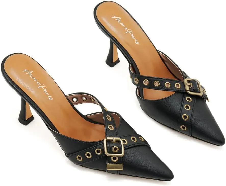 Leather Buckle Strap Kitten Heel Mules Pointed Toe Vintage Heeled Slide Sandals Studs Stiletto Mid Heel Pumps