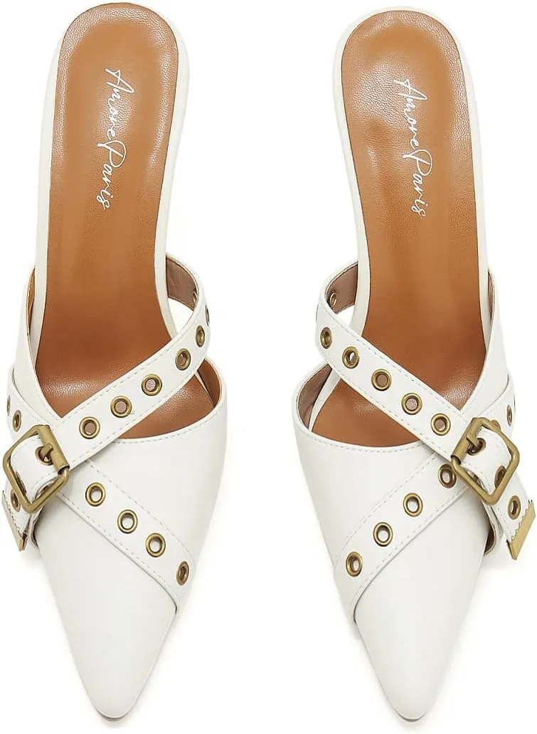 Leather Buckle Strap Kitten Heel Mules Pointed Toe Vintage Heeled Slide Sandals Studs Stiletto Mid Heel Pumps