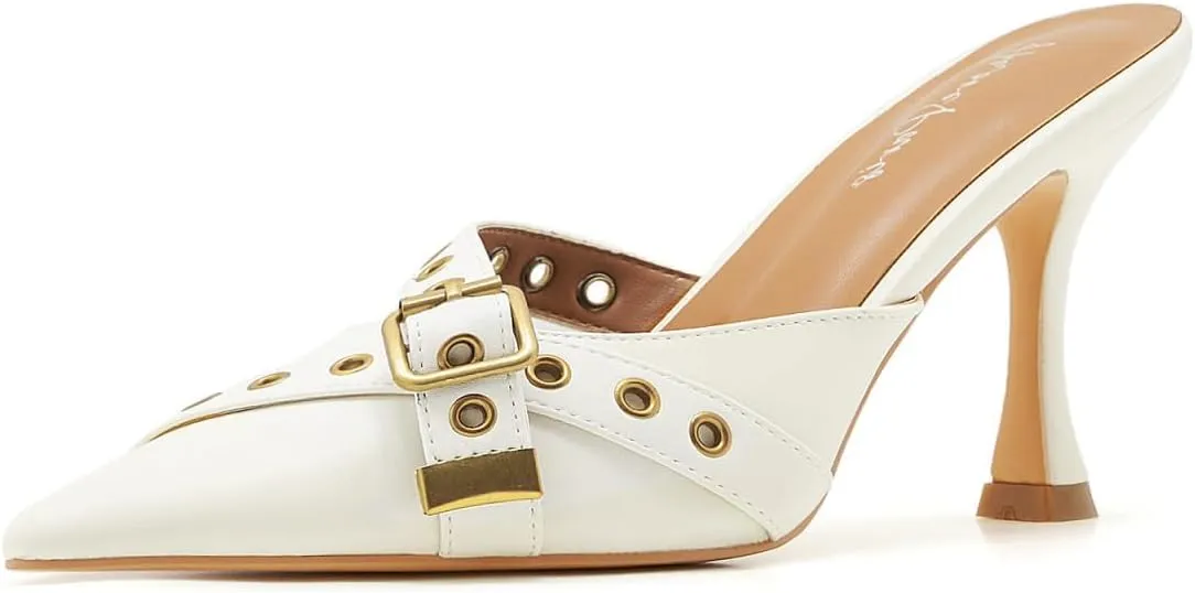 Leather Buckle Strap Kitten Heel Mules Pointed Toe Vintage Heeled Slide Sandals Studs Stiletto Mid Heel Pumps