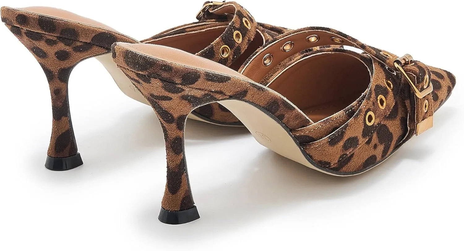 Leather Buckle Strap Kitten Heel Mules Pointed Toe Vintage Heeled Slide Sandals Studs Stiletto Mid Heel Pumps