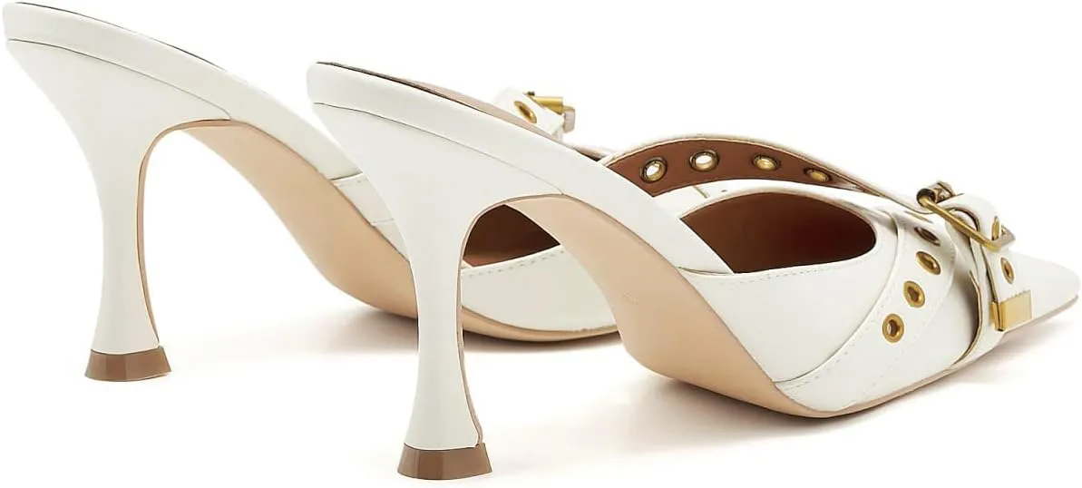 Leather Buckle Strap Kitten Heel Mules Pointed Toe Vintage Heeled Slide Sandals Studs Stiletto Mid Heel Pumps