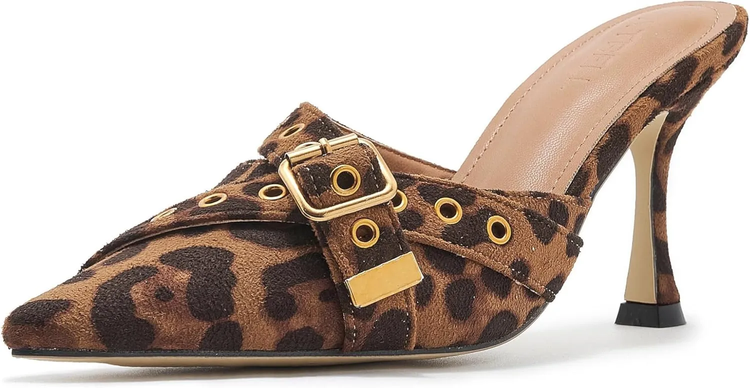 Leather Buckle Strap Kitten Heel Mules Pointed Toe Vintage Heeled Slide Sandals Studs Stiletto Mid Heel Pumps