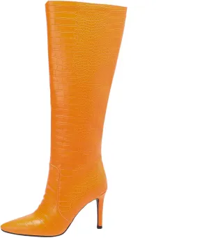 LEMUTISME Women's Fashion Pointed Toe Matte Leather Crocodile Embossed Stiletto Wide Calf Slip On 3.5In High Heel Casual Dress Knee High Boots
