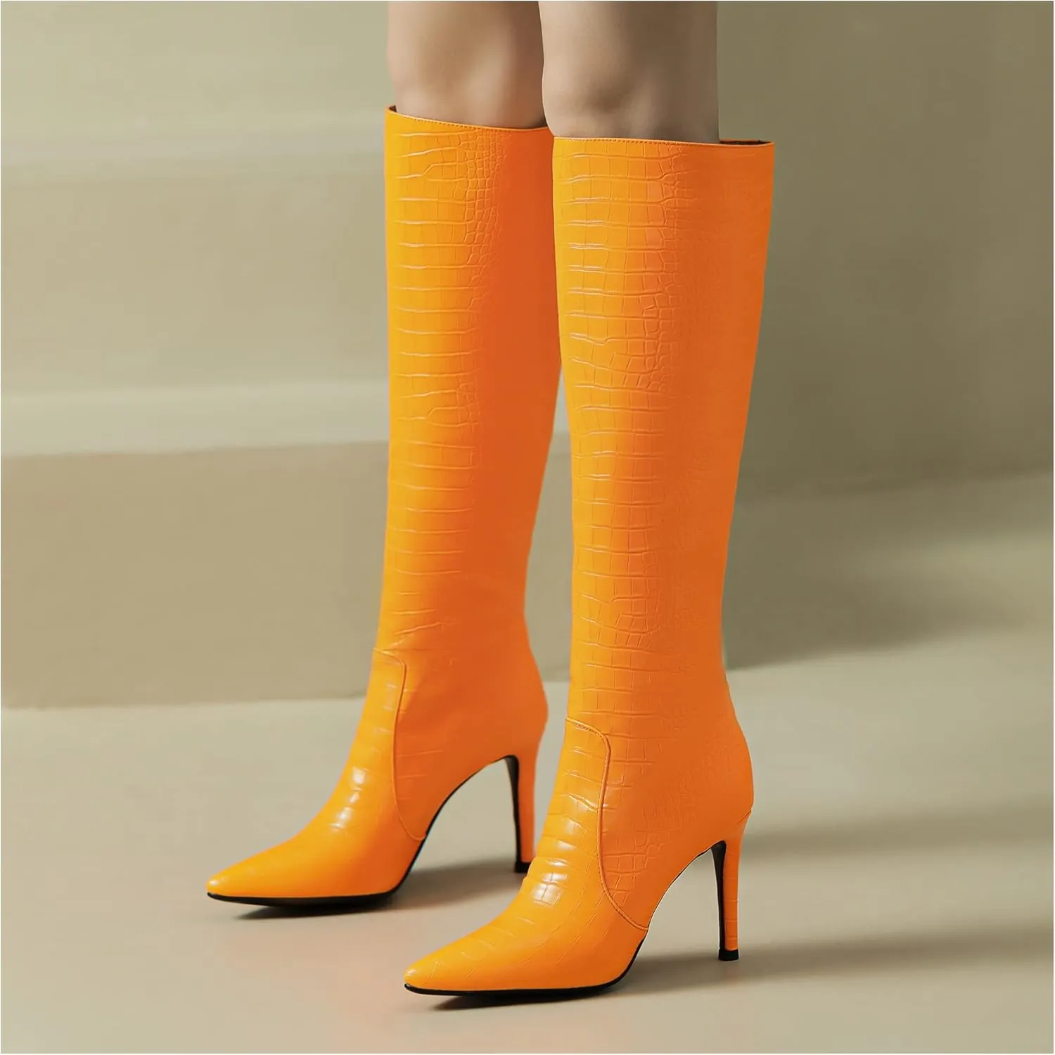 LEMUTISME Women's Fashion Pointed Toe Matte Leather Crocodile Embossed Stiletto Wide Calf Slip On 3.5In High Heel Casual Dress Knee High Boots