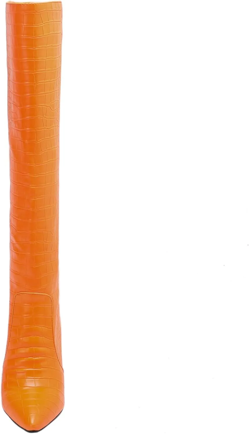 LEMUTISME Women's Fashion Pointed Toe Matte Leather Crocodile Embossed Stiletto Wide Calf Slip On 3.5In High Heel Casual Dress Knee High Boots