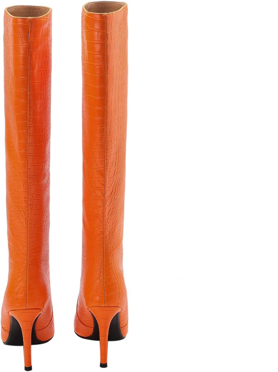 LEMUTISME Women's Fashion Pointed Toe Matte Leather Crocodile Embossed Stiletto Wide Calf Slip On 3.5In High Heel Casual Dress Knee High Boots