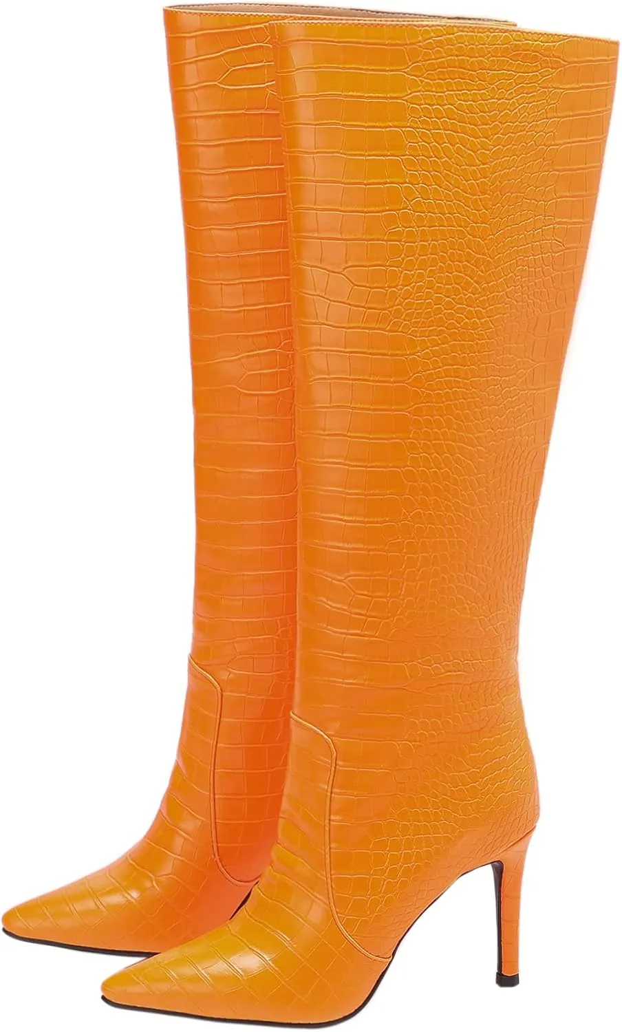 LEMUTISME Women's Fashion Pointed Toe Matte Leather Crocodile Embossed Stiletto Wide Calf Slip On 3.5In High Heel Casual Dress Knee High Boots