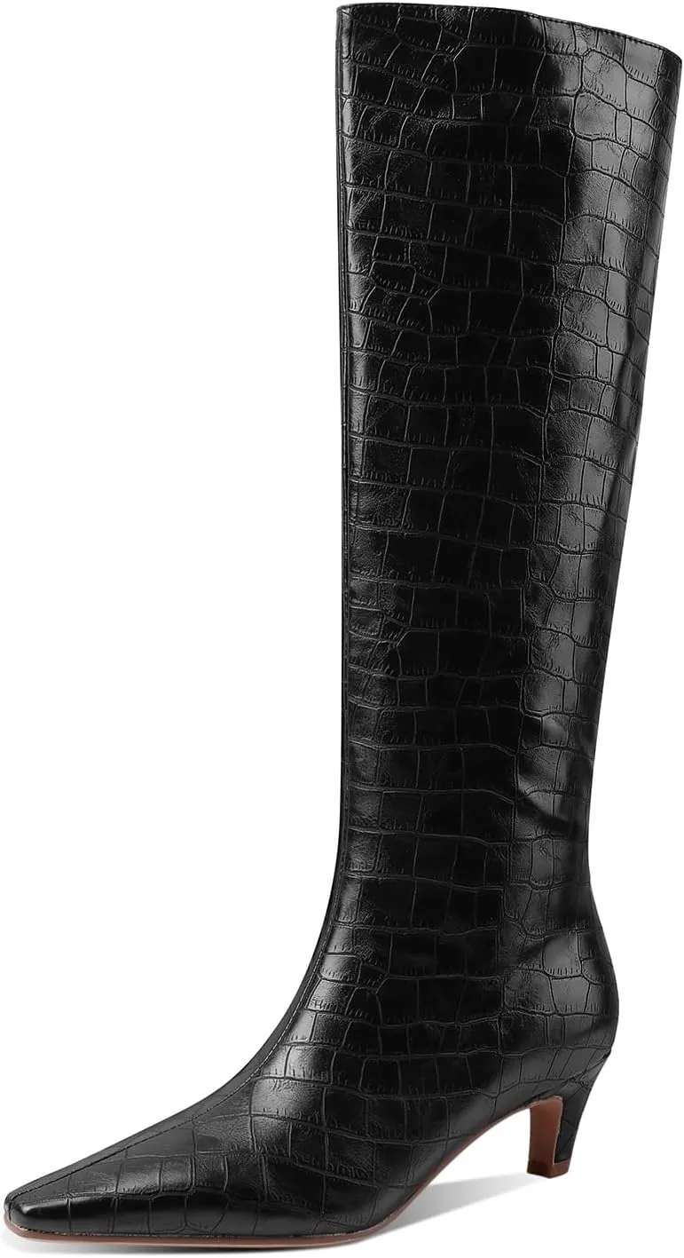 LEMUTISME Women's Fashion Square Toe Matte Leather Solid Color Wide Calf Comfortable Slip On Low Kitten Heel Dress Knee High Boots