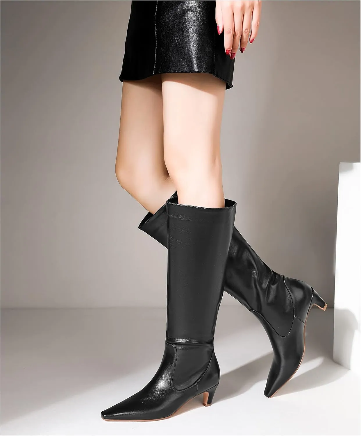 LEMUTISME Women's Fashion Square Toe Matte Leather Solid Color Wide Calf Comfortable Slip On Low Kitten Heel Dress Knee High Boots