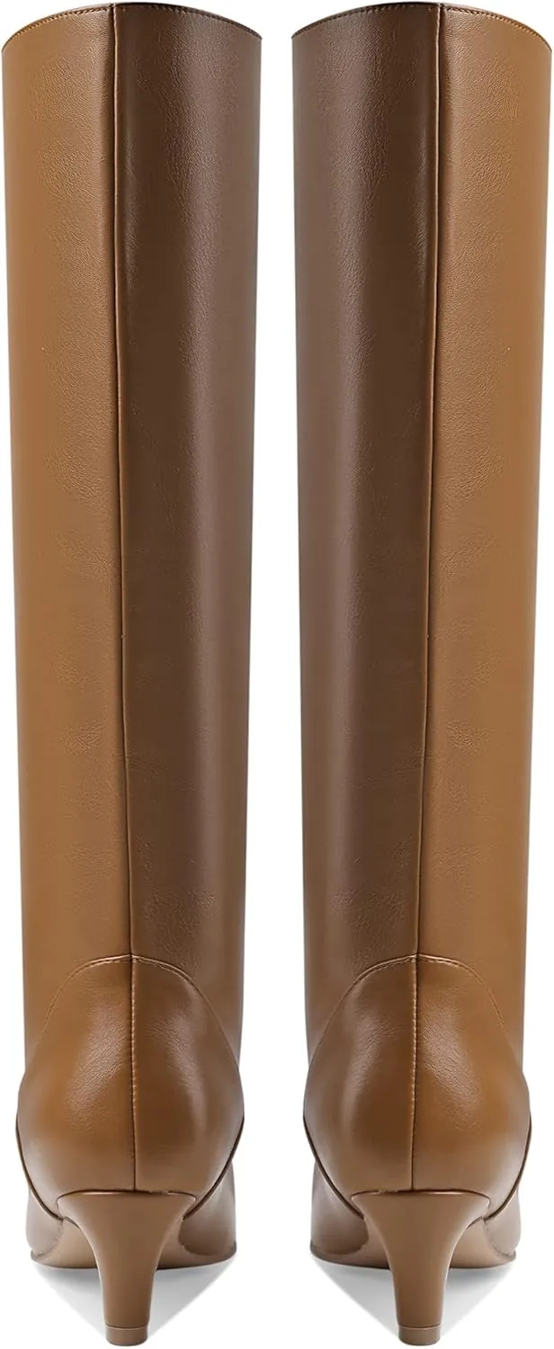 LEMUTISME Women's Fashion Square Toe Matte Leather Solid Color Wide Calf Comfortable Slip On Low Kitten Heel Dress Knee High Boots