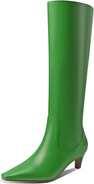 LEMUTISME Women's Fashion Square Toe Matte Leather Solid Color Wide Calf Comfortable Slip On Low Kitten Heel Dress Knee High Boots