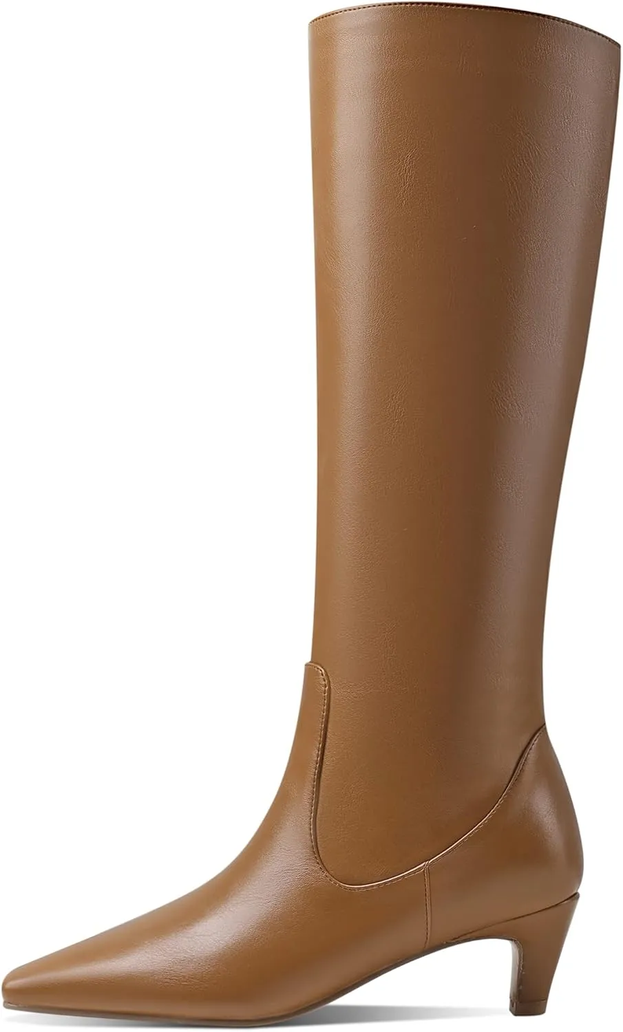 LEMUTISME Women's Fashion Square Toe Matte Leather Solid Color Wide Calf Comfortable Slip On Low Kitten Heel Dress Knee High Boots