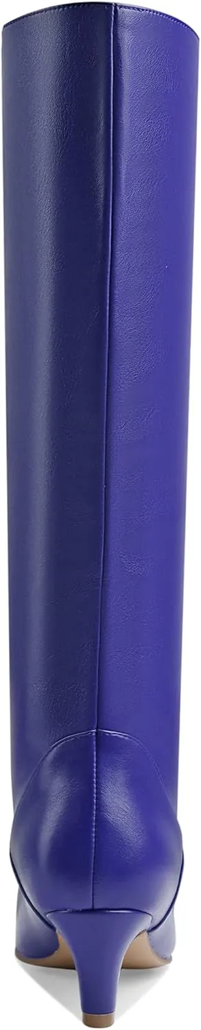 LEMUTISME Women's Fashion Square Toe Matte Leather Solid Color Wide Calf Comfortable Slip On Low Kitten Heel Dress Knee High Boots
