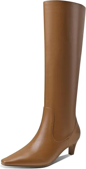 LEMUTISME Women's Fashion Square Toe Matte Leather Solid Color Wide Calf Comfortable Slip On Low Kitten Heel Dress Knee High Boots
