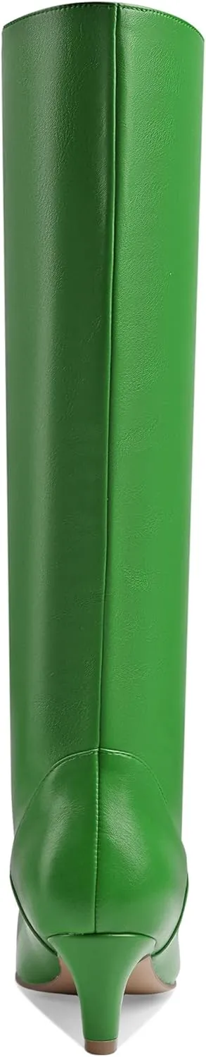 LEMUTISME Women's Fashion Square Toe Matte Leather Solid Color Wide Calf Comfortable Slip On Low Kitten Heel Dress Knee High Boots