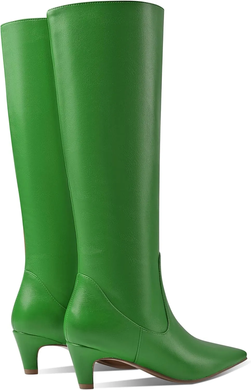 LEMUTISME Women's Fashion Square Toe Matte Leather Solid Color Wide Calf Comfortable Slip On Low Kitten Heel Dress Knee High Boots