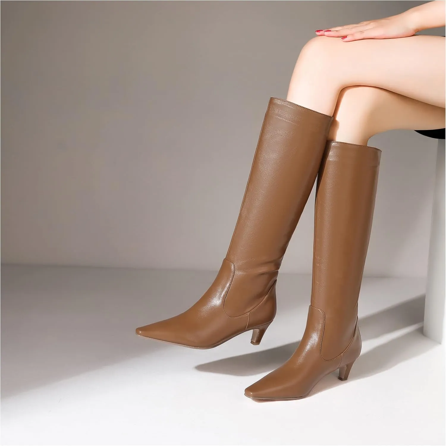 LEMUTISME Women's Fashion Square Toe Matte Leather Solid Color Wide Calf Comfortable Slip On Low Kitten Heel Dress Knee High Boots