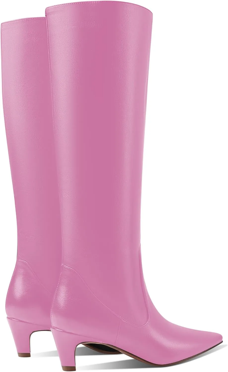 LEMUTISME Women's Fashion Square Toe Matte Leather Solid Color Wide Calf Comfortable Slip On Low Kitten Heel Dress Knee High Boots