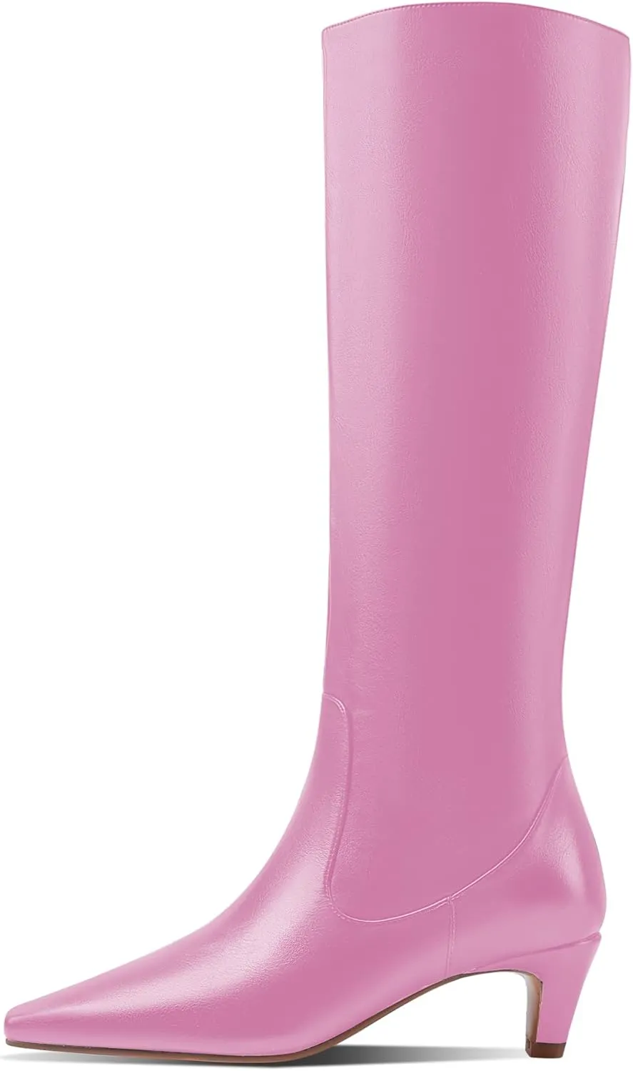 LEMUTISME Women's Fashion Square Toe Matte Leather Solid Color Wide Calf Comfortable Slip On Low Kitten Heel Dress Knee High Boots