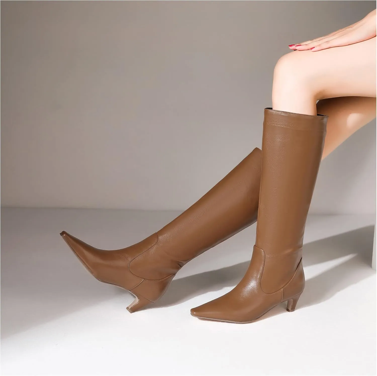 LEMUTISME Women's Fashion Square Toe Matte Leather Solid Color Wide Calf Comfortable Slip On Low Kitten Heel Dress Knee High Boots