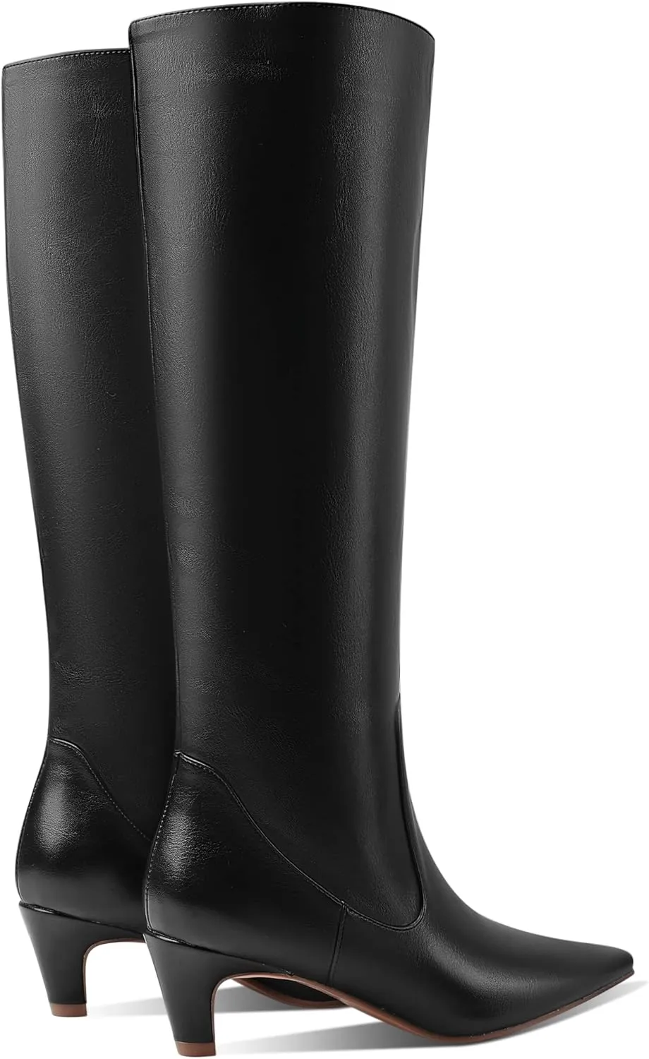 LEMUTISME Women's Fashion Square Toe Matte Leather Solid Color Wide Calf Comfortable Slip On Low Kitten Heel Dress Knee High Boots